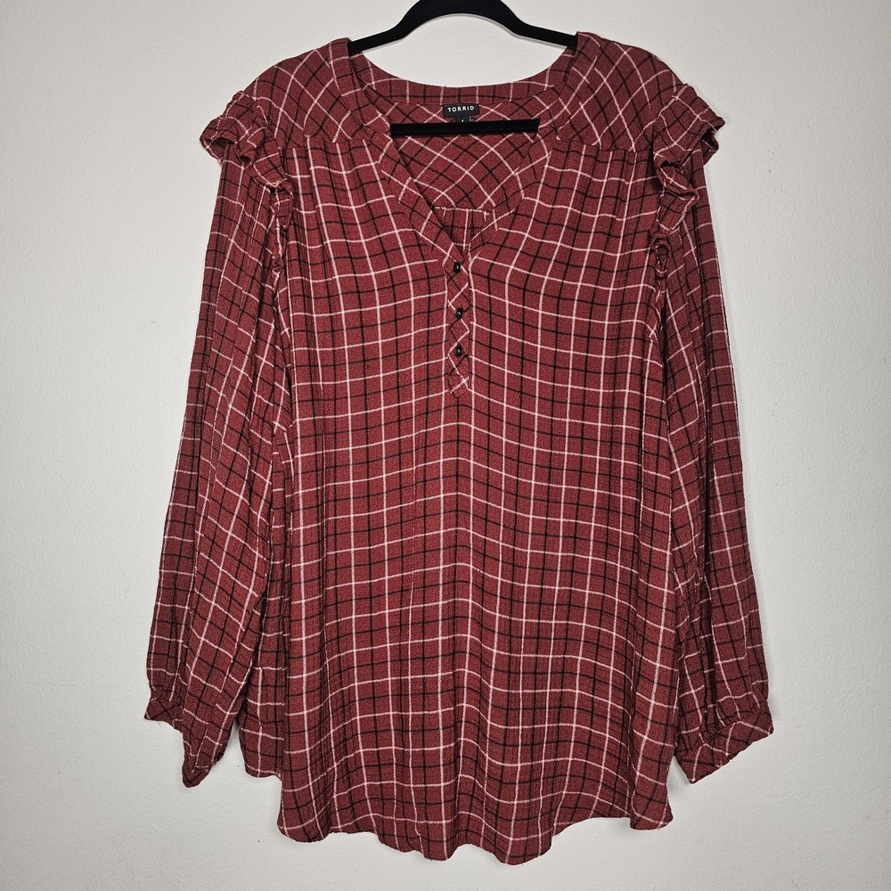 Torrid Womens 4‎ Brick Red Windowpane Plaid Henley Top Cozy Stretch Comfort Fall